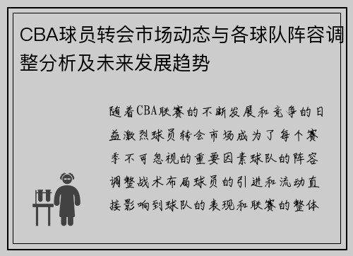 CBA球员转会市场动态与各球队阵容调整分析及未来发展趋势